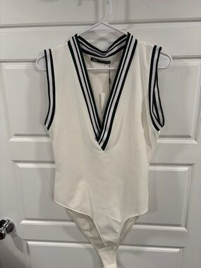 Zara Cream Sleeveless Bodysuit with Green Striped Trim